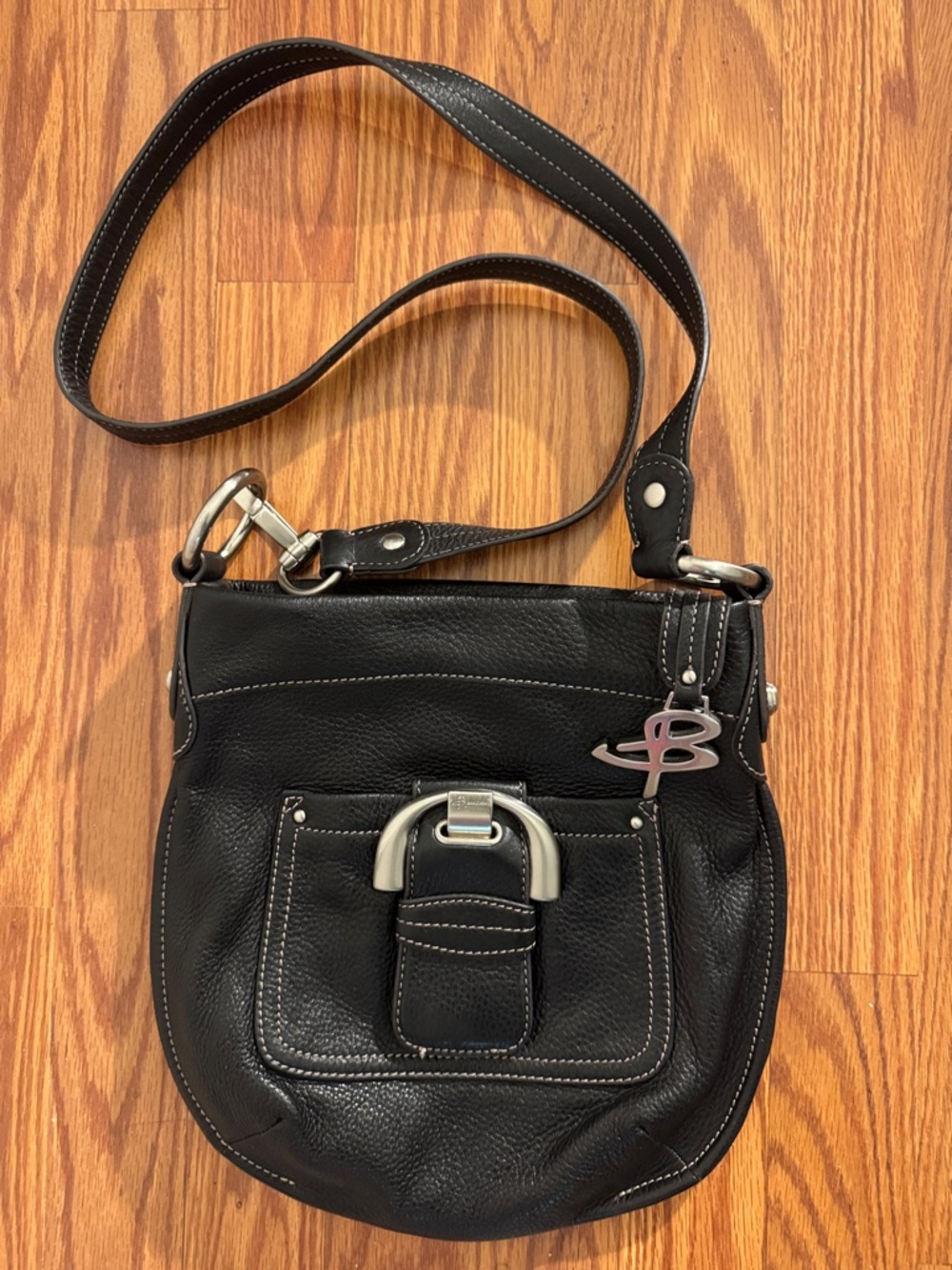b. makowsky Black Leather Crossbody with Silver Hardware